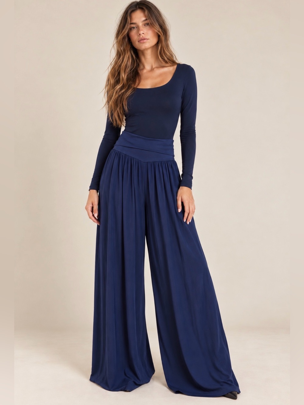 Navy Viscose Wide Leg Palazzo Pants Foldover Waist Size S-M Made in Italy